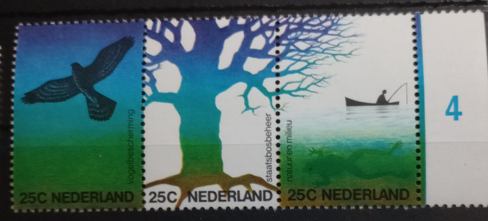 Olanda 1974 păsări, Arbori, pescuit, serie 3v nestampilata