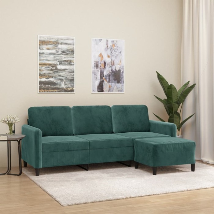 vidaXL Canapea cu 3 locuri și taburet, verde &icirc;nchis, 180 cm, catifea