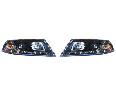 Faruri tuning Skoda Octavia 2 2004-2008 , negru-transparent, tip bec H1+H7, fara motoras, cu LED foto