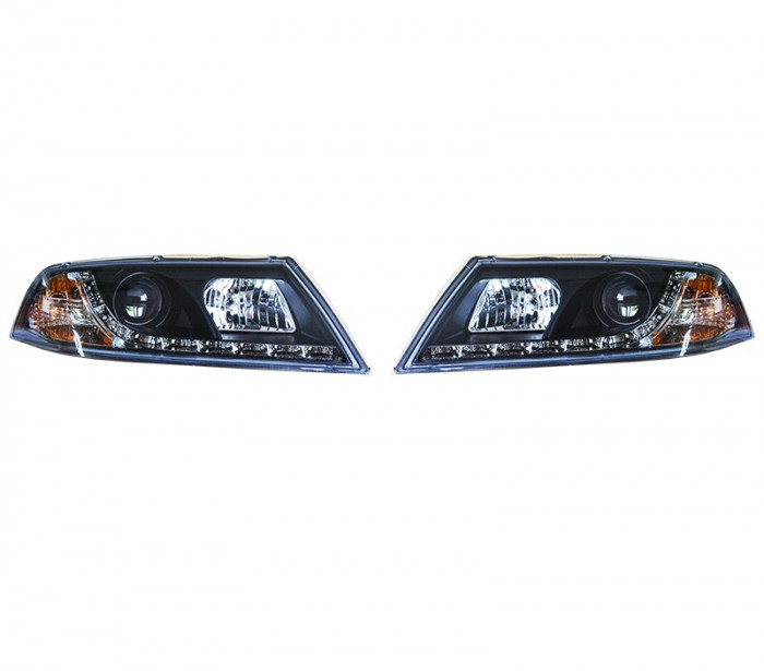 Faruri tuning Skoda Octavia 2 2004-2008 , negru-transparent, tip bec H1+H7, fara motoras, cu LED