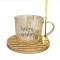 Cana din sticla cu suport din lemn de bambus si lingurita Pufo Warm Wishes pentru cafea sau ceai, 200 ml