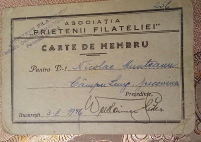 Carte de Membru Filatelie 1946 foto