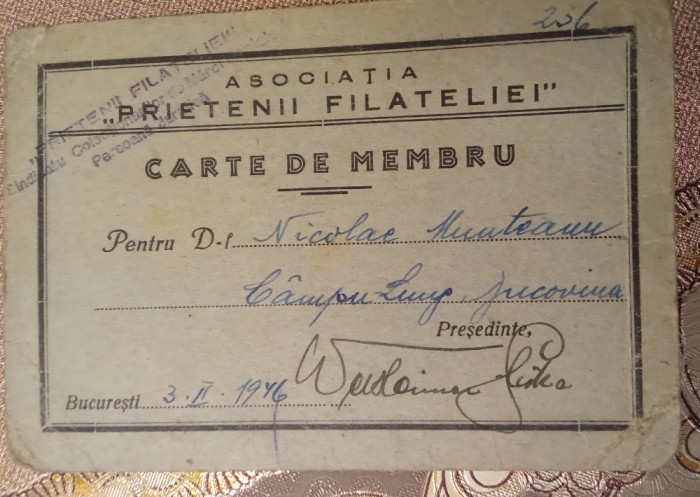 Carte de Membru Filatelie 1946
