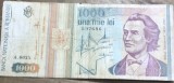 BNKRO05 Bancnota veche 1000 lei 1991 Mihai Eminescu cu stema hirtie Romania una mie lei circulata bani colectie numismatica