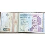 BNKRO05 Bancnota veche 1000 lei 1991 Mihai Eminescu cu stema hirtie Romania una mie lei circulata bani colectie numismatica