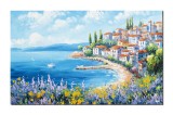 Cumpara ieftin Tablou 100x60cm Grecia impasto peisaj mediteranean vibrant cu flori si case, pictat manual in ulei pe panza, Valentin Pop