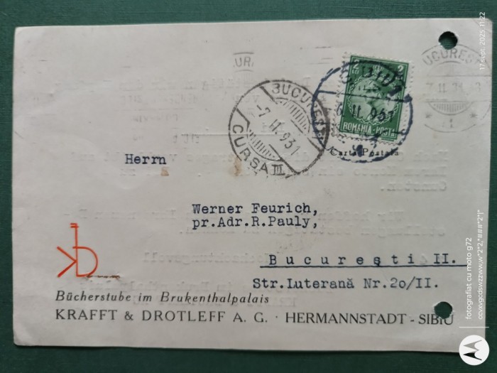 Regalitate Romania , carte postala corespondenta circulata ,corepondenta financiar -comerciala avocat