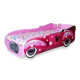 Pat pentru copii Minnie Car, Pal melaminat, margini rotunjite PVC, 2-8 ani, 150x74x50 cm, roz