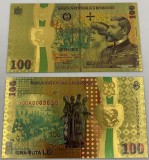 100 LEI 2018 (REPLICA/REPRODUCERE) POLIMER (PLASTIC) PLACATA CU AUR DE 24K