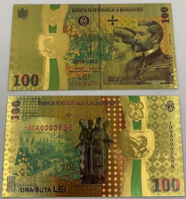 100 LEI 2018 (REPLICA/REPRODUCERE) POLIMER (PLASTIC) PLACATA CU AUR DE 24K foto