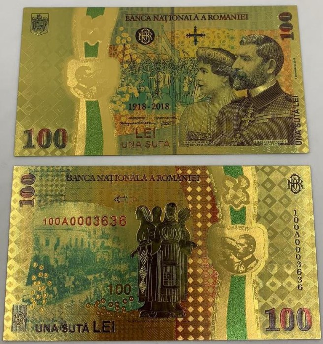 100 LEI 2018 (REPLICA/REPRODUCERE) POLIMER (PLASTIC) PLACATA CU AUR DE 24K