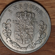 Danemarca - moneda de colectie - 5 kroner 1962 xf -senzationala- ⌀33 mm, an rar!