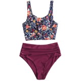 Set Tankini cu Talie &Icirc;naltă și Control al Abdomenului, Top Cropt cu Bufe și Pantalon cu Volan &ndash; Floral Vin XL