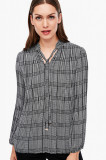 Bluza de dama, clasica, cu imprimeu ecosez si maneci lungi plisate, alb-negru, XS