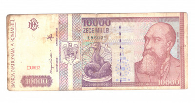 Bancnota 10000 lei februarie 1994, circulata, patate, stare relativ buna foto