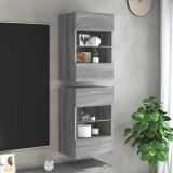 vidaXL Comode de perete cu lumini LED pentru TV, 2 buc, gri sonoma, 40x30x60,5 cm