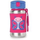 Skip Hop Zoo Straw Bottle sticlă inoxidabilă pentru apă cu pai Butterfly 12 m+ 350 ml