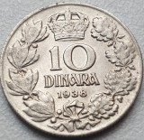 Moneda 10 Dinara Iugoslavia 1938, Petar II, KM#22. Monedă din Argint