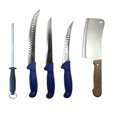 Set profesional de macelarie, filetat, injunghiat, transat, dezosat, 3 cutite, masat pentru ascutit, satar foto
