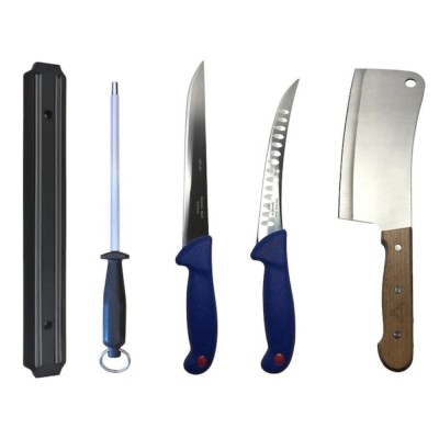 Set cutite profesionale de macelarie, filetat, transat, dezosat, 2 cutite, suport magnetic, satar, masat pentru ascutit foto