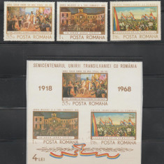 ROMANIA 1968 SEMICENTENARUL UNIRII TRANSILVANIEI serie 3 val. + Colita nedant.