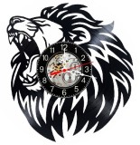 Ceas de perete decorativ realizat din disc de vinil, Model Leu Racnind Regele Junglei Animale Sălbatice, Negru, 30 cm