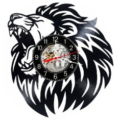 Ceas de perete decorativ realizat din disc de vinil, Model Leu Racnind Regele Junglei Animale Sălbatice, Negru, 30 cm