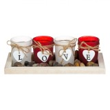 Suporturi pentru Lum&acirc;nări, &quot;Love&quot;, Set 4 Bucăți, Multicolor, Bază din Lemn, Pahare din Sticlă, Decor Inimi și Pietriș, Oem