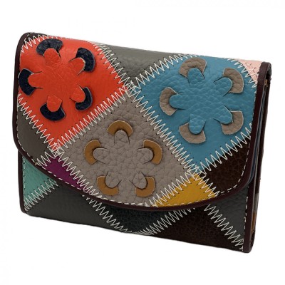 Portofel Dama Multicolor Compact cu imprimeu floral din Piele Naturala, 11,5x9x2,5 cm foto