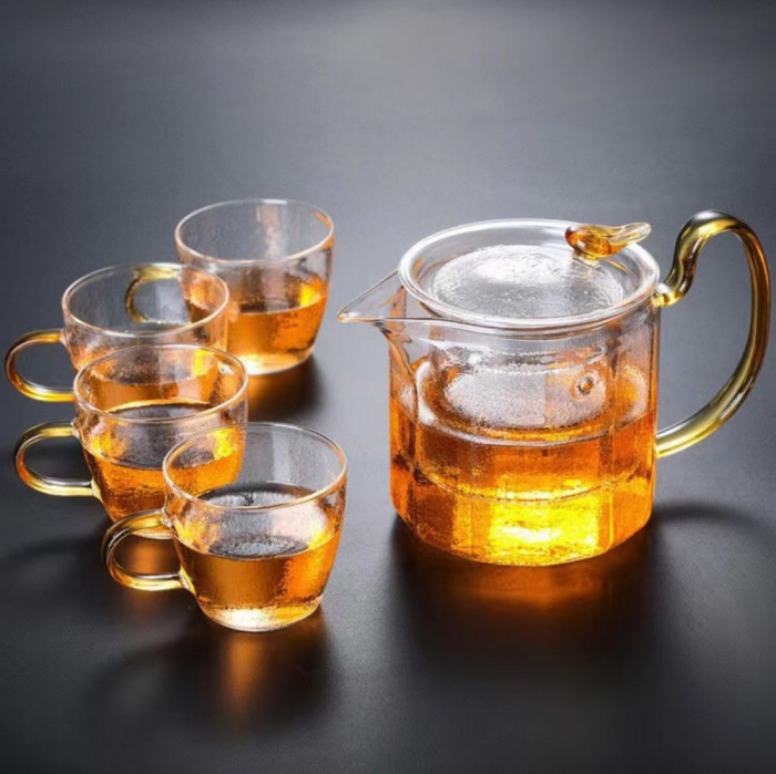 Set Ceai din Sticla Borosilicata, Ceainic cu infuzor si 4 Cani