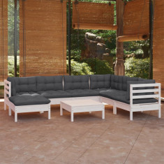 vidaXL Set mobilier de grădină cu perne, 8 piese, alb, lemn masiv pin