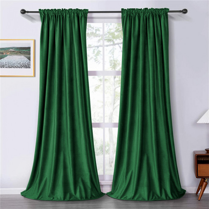 Set draperii soft cu rejansa din bumbac cu 4 ate tip fagure, Super, 200x260 cm, densitate 200 g/mp, Verde, 2 buc