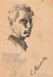 Pictorul C. Mandula - Autoportret in carbune si acuarela, arhiva Ioan H. S&acirc;rghie, Portrete, Realism