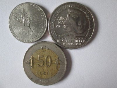 Lot 3 monede:U.S.A. 5/2005,25/2022,Turcia 50/2009 foto