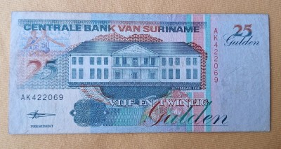 25 Gulden 1998 - Bancnota veche SURINAM, seria AF763699 - stare buna foto