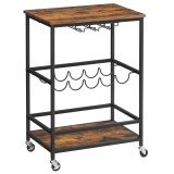 Carucior servire, raft mobil pentru bucatarie, Artool, pe roti, pal, otel, cu suport pahare si sticle, maro rustic, 60x40x82 cm