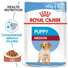 Hrana umeda caini, Royal Canin Medium Puppy, plic 140 g, talie medie, junior, carne in sos