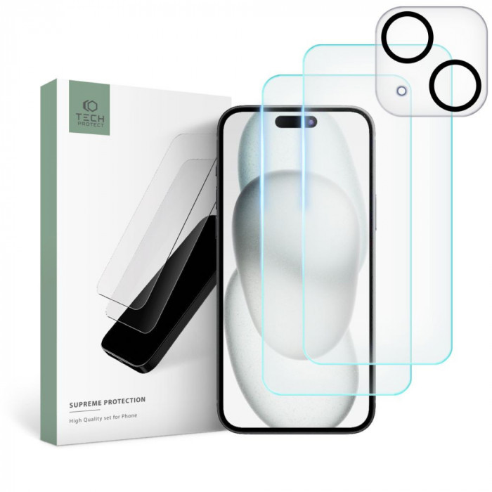 Set 2 Folii Ecran si 1 Folie Camera Tech-Protect Supreme pentru Apple iPhone 15 Transparent