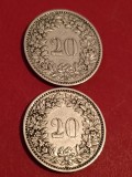 Lot 2 monede Elvetia: 20 rappen 1883 + 1884 , stari EF+ / aUNC [poze]. Discount conform descrierii [10 - 20 %. Vezi descrierea.].