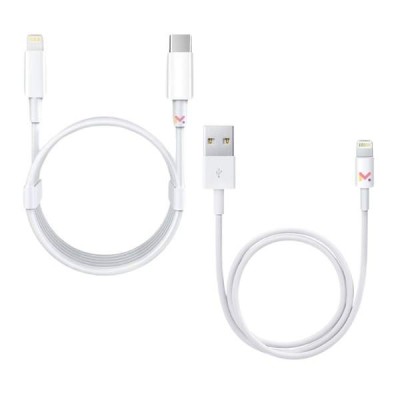 Set 2 Cabluri de Date si Incarcare, 1 x Type-C / Lightning si 1 x USB / Lightning, Albe, 2A, 1 M foto