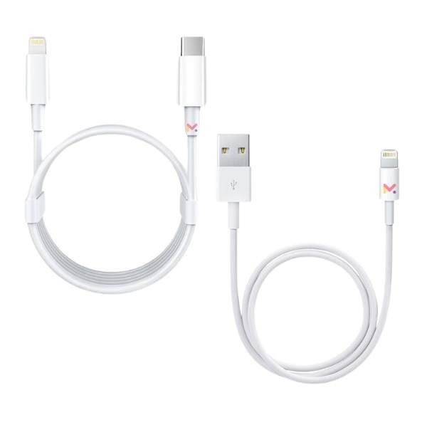 Set 2 Cabluri de Date si Incarcare, 1 x Type-C / Lightning si 1 x USB / Lightning, Albe, 2A, 1 M