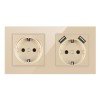 Priza Dubla De Perete Cu 2 Porturi USB Si Panou Din Sticla Techstar&reg; TS-G, 110-250V, 16A, Ignifuga, 80x151mm, Auriu
