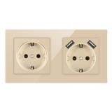 Priza Dubla De Perete Cu 2 Porturi USB Si Panou Din Sticla Techstar&reg; TS-G, 110-250V, 16A, Ignifuga, 80x151mm, Auriu