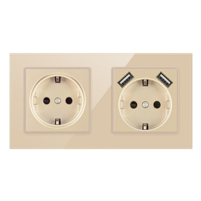 Priza Dubla De Perete Cu 2 Porturi USB Si Panou Din Sticla Techstar&amp;reg; TS-G, 110-250V, 16A, Ignifuga, 80x151mm, Auriu foto