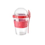 Recipient din plastic pentru iaurt / inghetata, cereale, cu lingurita, rosu, 600 ml
