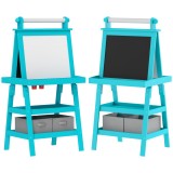 AIYAPLAY Tablă de Desen Dublă cu Magnet, Sul de H&acirc;rtie și Depozitare, Pentru Copii 3-6 Ani, 59x48x118 cm, Albastru | Aosom Romania