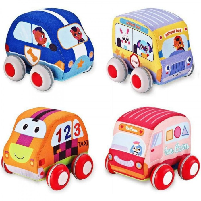 Set de 4 masinute pentru copii, cu tragere, din material textil, perfect pentru bebelusi si copii 2-4 ani Cars Multicolor 4 masinute 23 cm 0 h