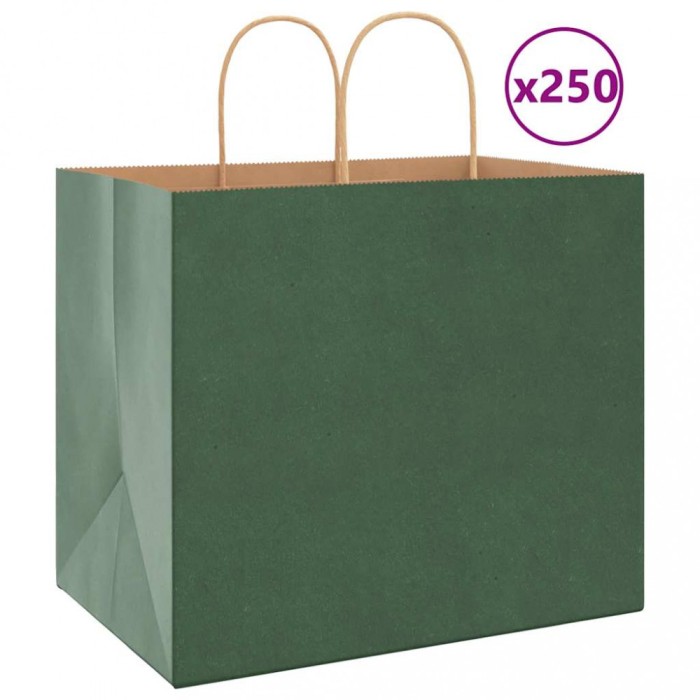 vidaXL Pungi de h&acirc;rtie 250 buc cu m&acirc;nere verde 32x22x28 cm