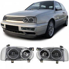 Faruri sport tuning Hella Twin look Dual Round fumuriu VW Golf 3 cu lupa NOU foto