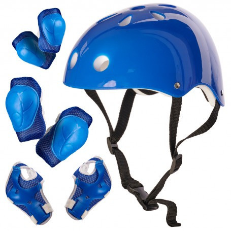 Set de protectie pentru copii genunchiere cotiere aparatori maini si casca cu bretele reglabila, albastru